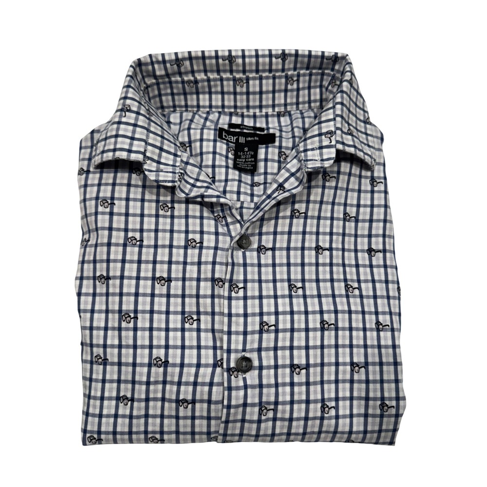 Bar III Mens Blue White Check Eyeglasses Print Slim Fit Button Down Shirt S